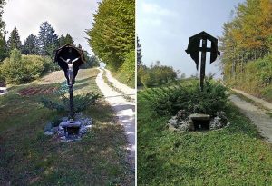 Znamenje pred (levo) in po (desno) vandalizmu. (Slika: bralka in Google)